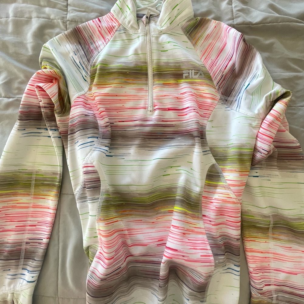 Long sleeve; pullover; zipper; 100% polyester; never worn; thumb holes;